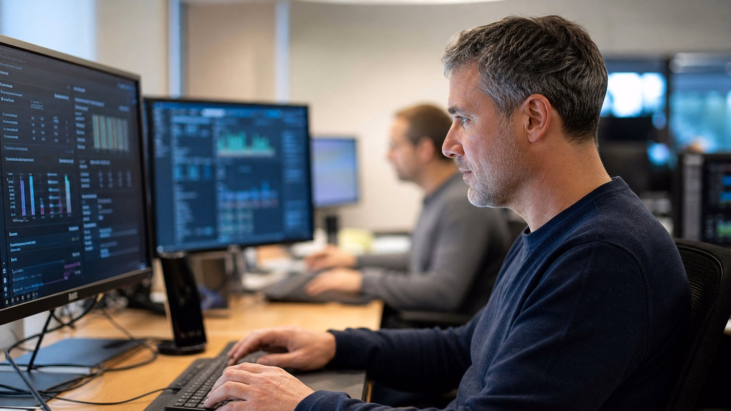 Man typing on keyboard, terminal glow on face