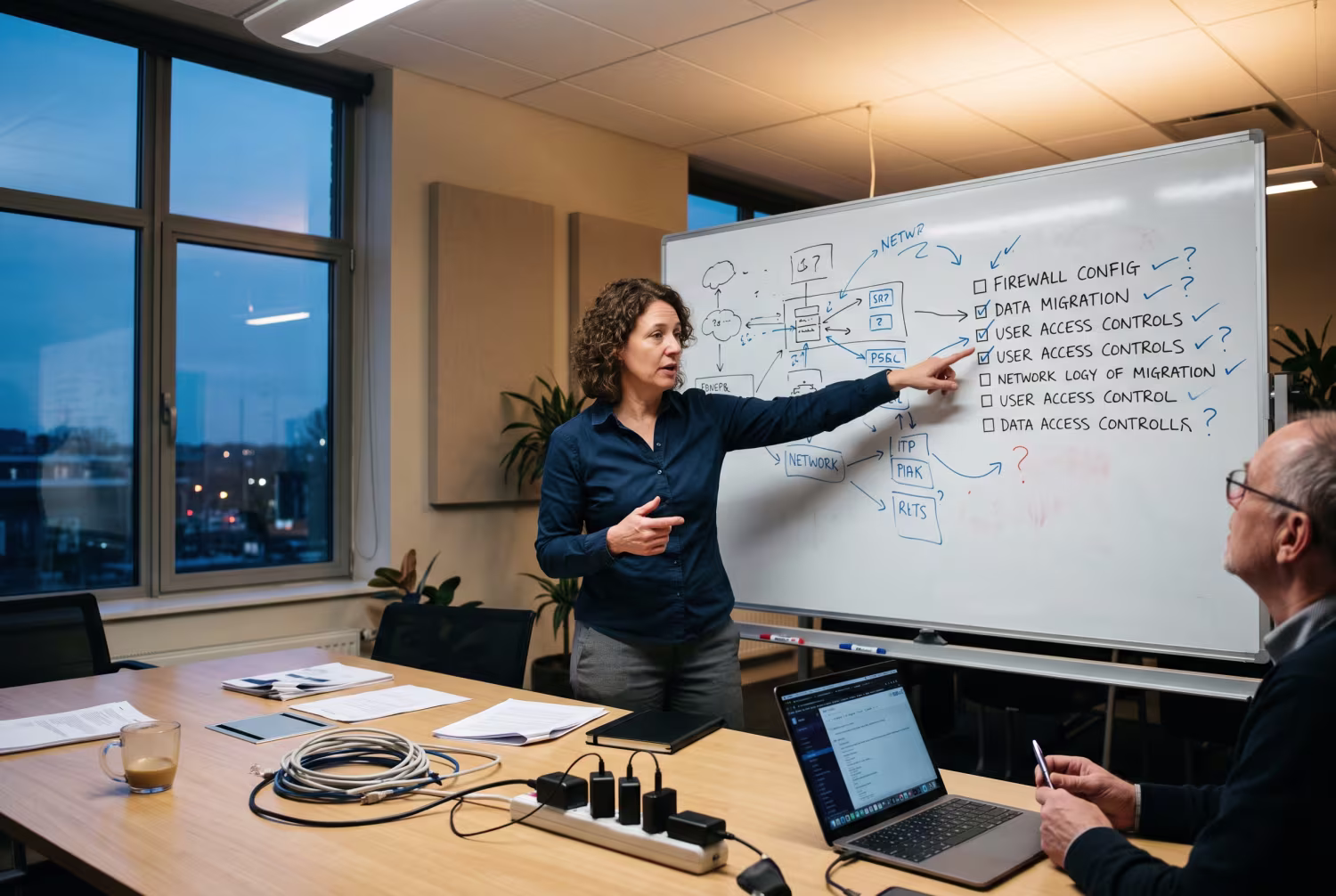 IT consultant pointing at network assessment checklist on whiteboard