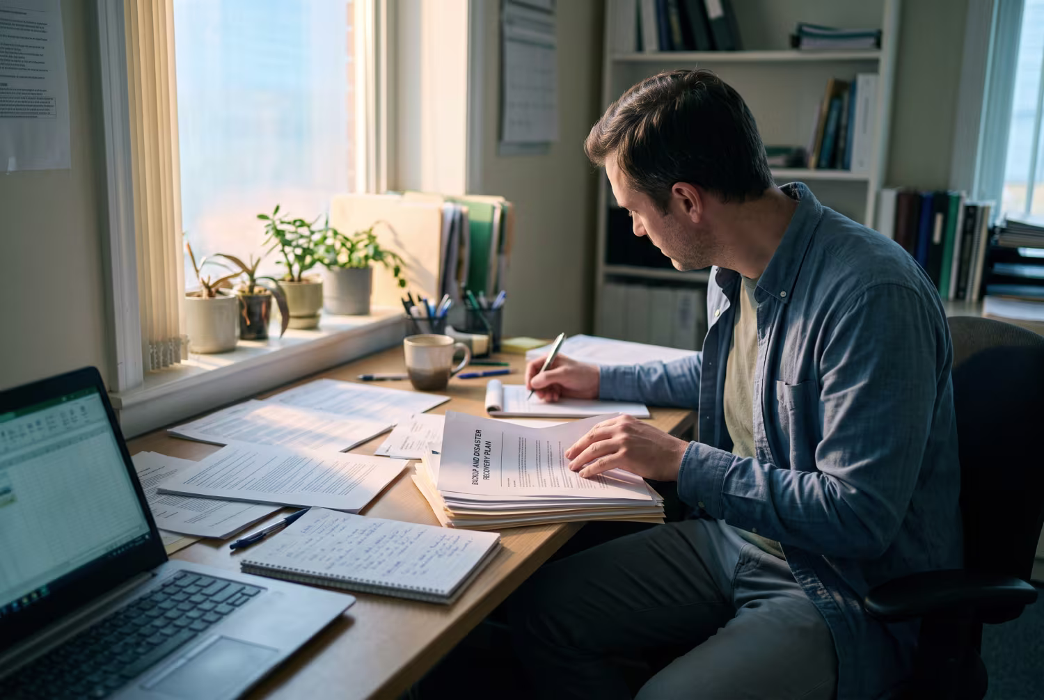 Business owner organizing disaster recovery plans in office