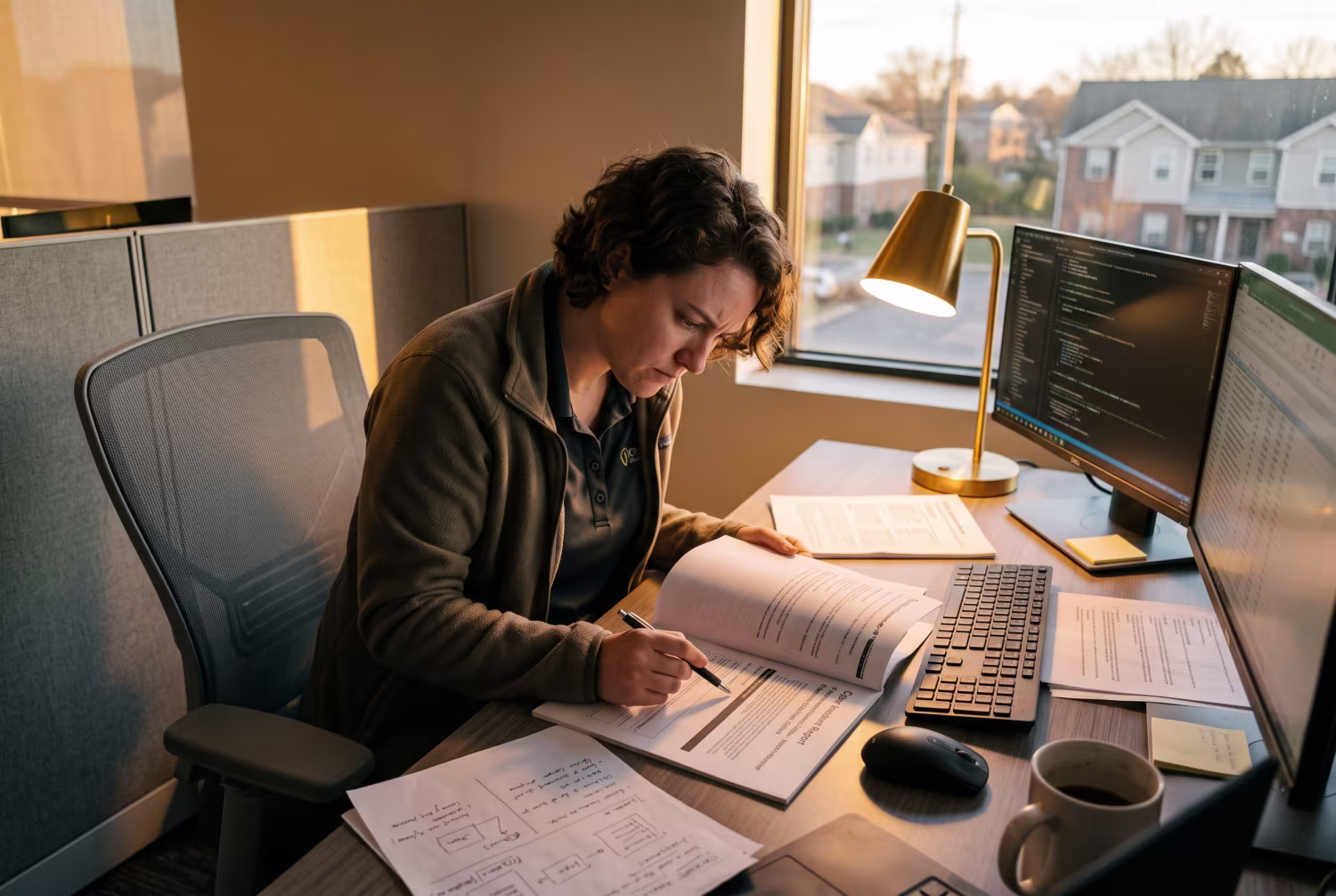 Managed service provider analyzing cyber incident report in office