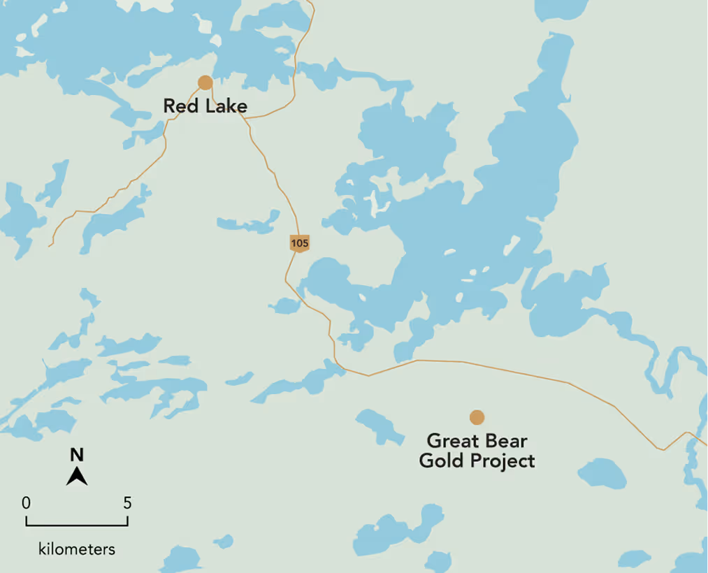 Map showing Red Lake and Great Bear Gold Project connected by road 105 amid blue lakes and rivers.