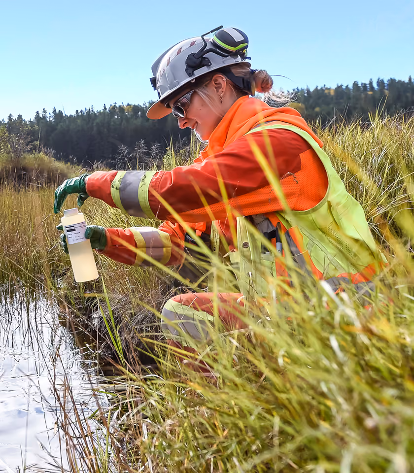 Woman in safety gear collecting a water sample from a grassy wetland area.