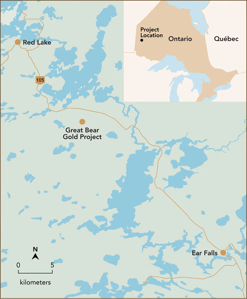 Map showing Great Bear Gold Project location near Red Lake and Ear Falls in Ontario, Canada with water bodies.