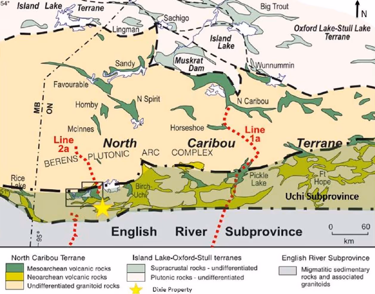 Geological map showing North Caribou Terrane, Island Lake-Oxford-Stull terranes, English River Subprovince with rock types.