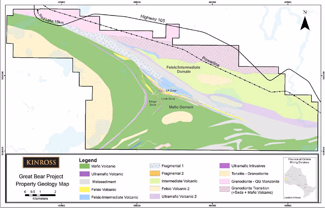 Geology map of Great Bear Project showing Mafic, Ultramafic, Felsic volcanic domains and intrusion zones.