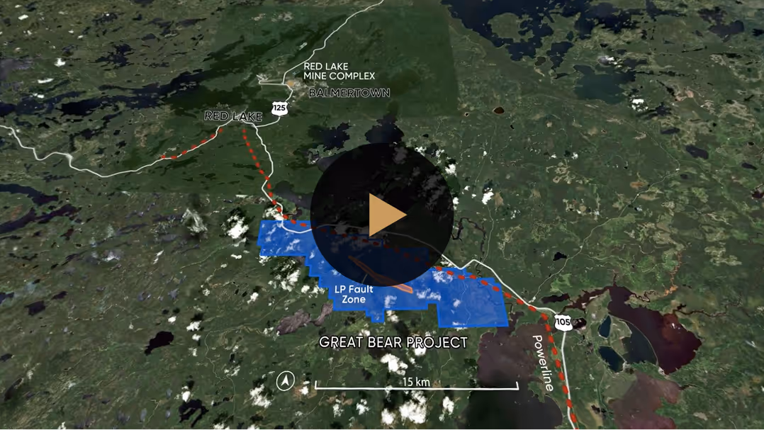 Map highlighting Great Bear Project and LP Fault Zone near Red Lake and Balmertown with roads and landmarks.
