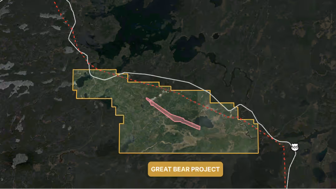 Aerial map showing the Great Bear Project area outlined in yellow with a pink highlighted zone inside.