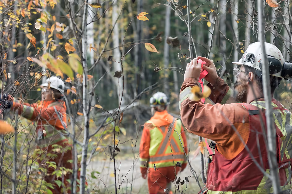 Three construction workers wearing helmets and safety glasses discussing a document.