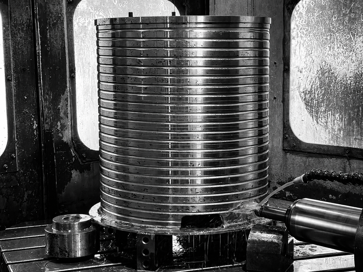 Close-up of precision machined metal ring with finished surfaces