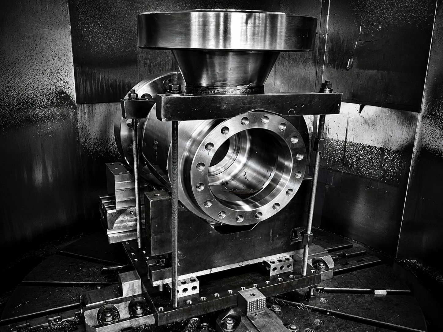 Large machined industrial component in CNC machining setup