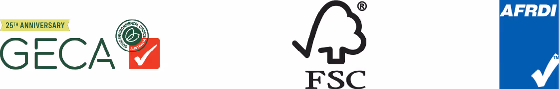 Three environmental certification logos: GECA 25th anniversary with a green checkmark, FSC with a tree checkmark, and AFRDI with a blue checkmark.