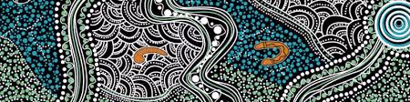 Aboriginal-style artwork featuring intricate black and white patterns with fish and aquatic shapes in a sea of blue and green dots.