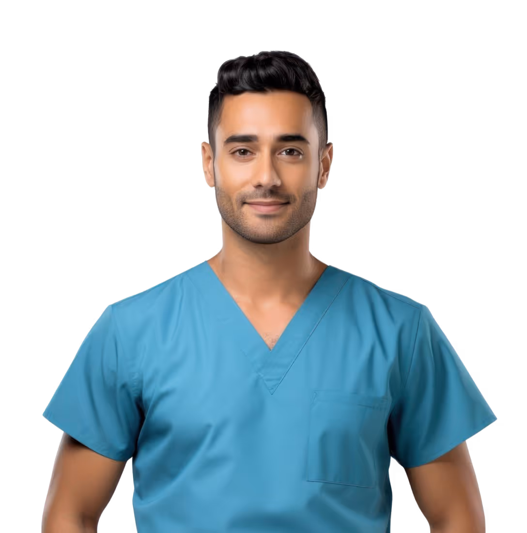 Smiling male healthcare worker wearing blue medical scrubs against black background.
