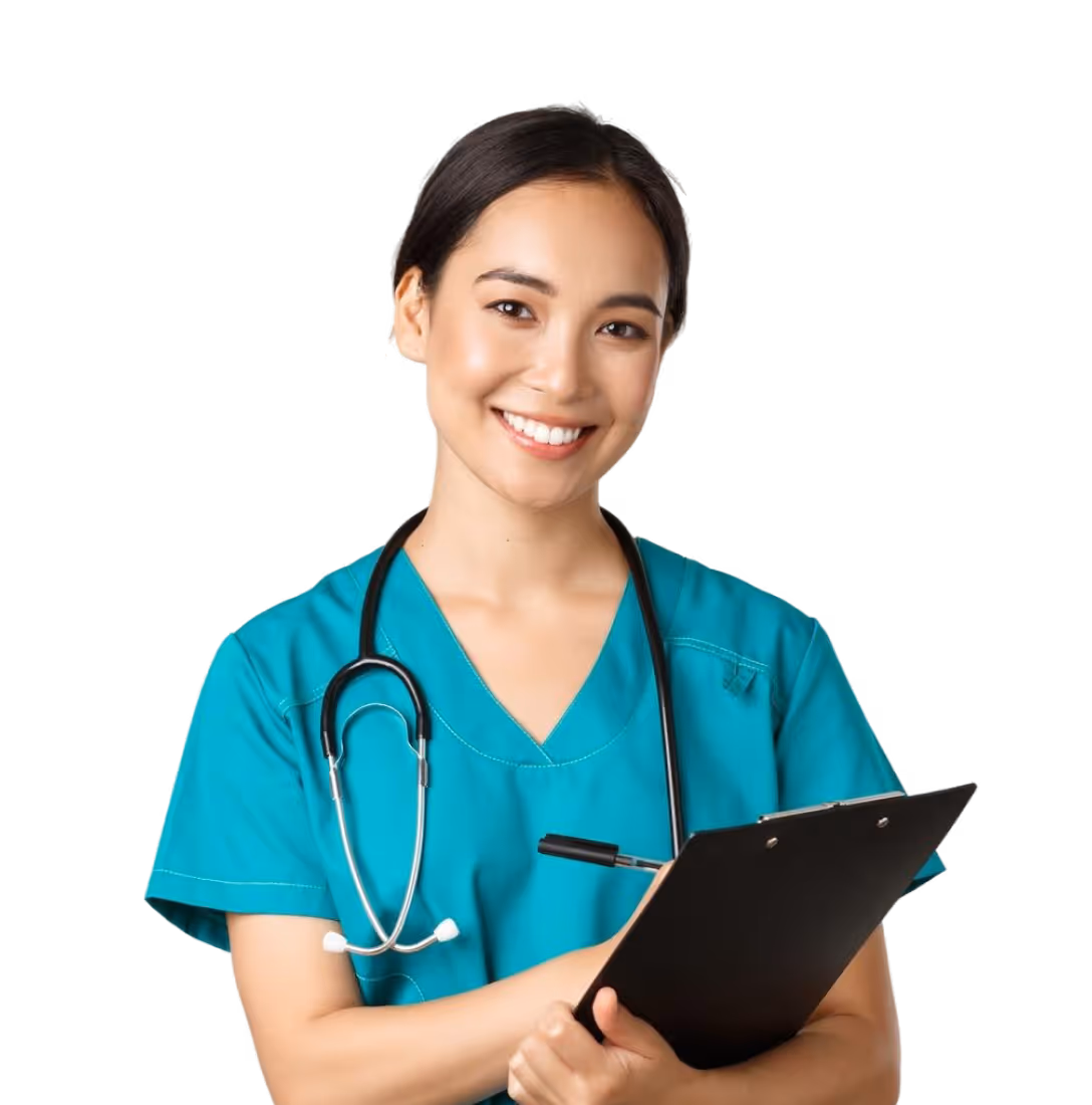 Smiling medical professional in teal scrubs with stethoscope and clipboard.