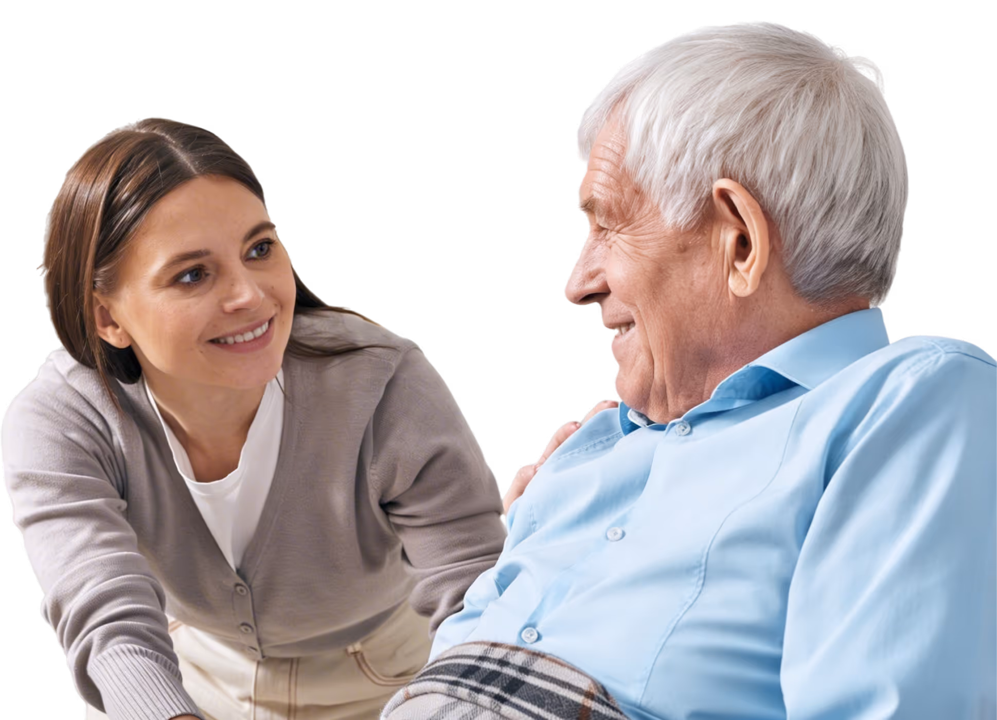 Smiling young woman leaning toward elderly man with white hair wearing blue shirt and plaid blanket.