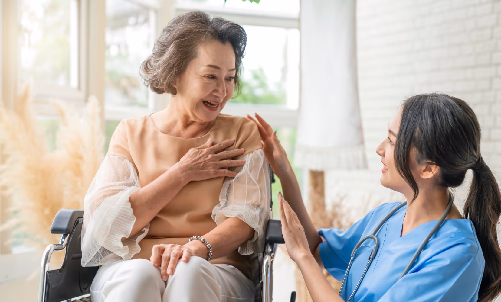 Smiling nurse in blue scrubs interacting warmly with an elderly woman in a wheelchair.