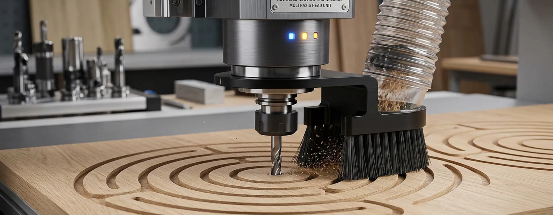 Multi-axis CNC router engraving a circular pattern into a wooden board with dust extraction brush active.