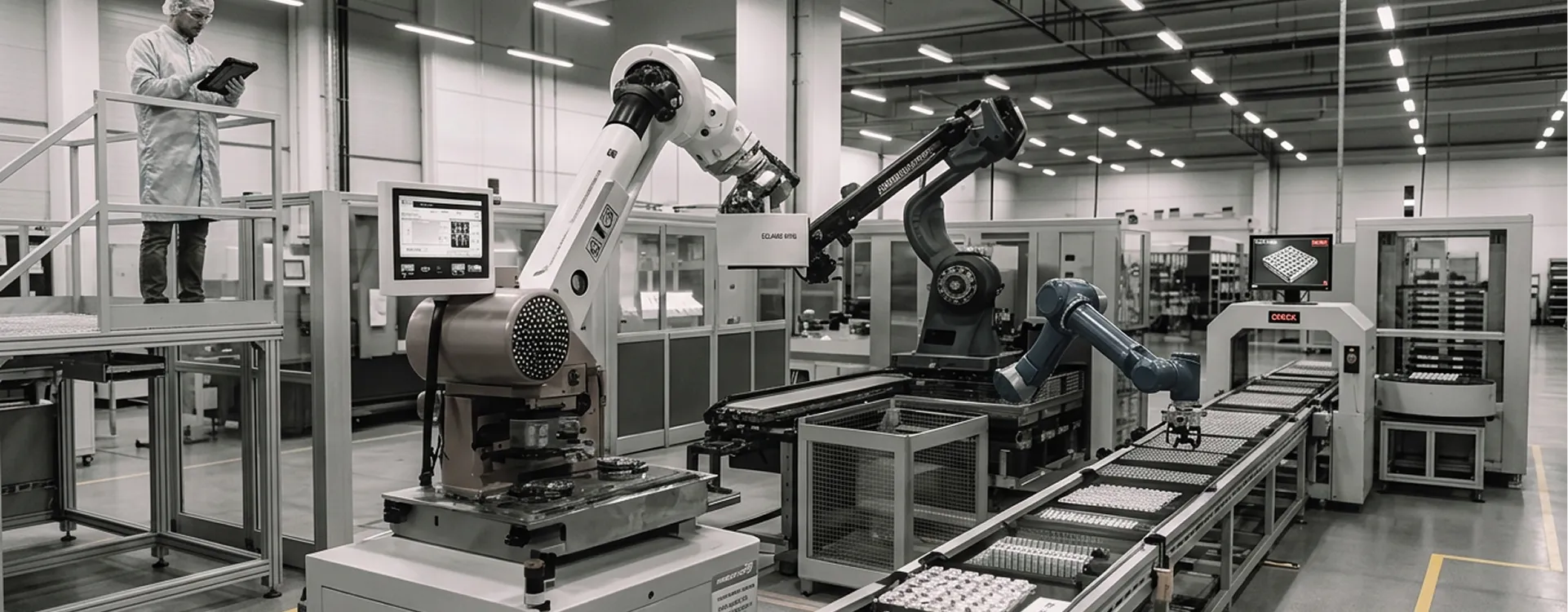 Automated factory with robotic arms assembling and sorting items on conveyor belts under bright lights.