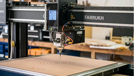 CNC router machine labeled FARRUKH engraving a circular pattern on a wooden board in workshop.