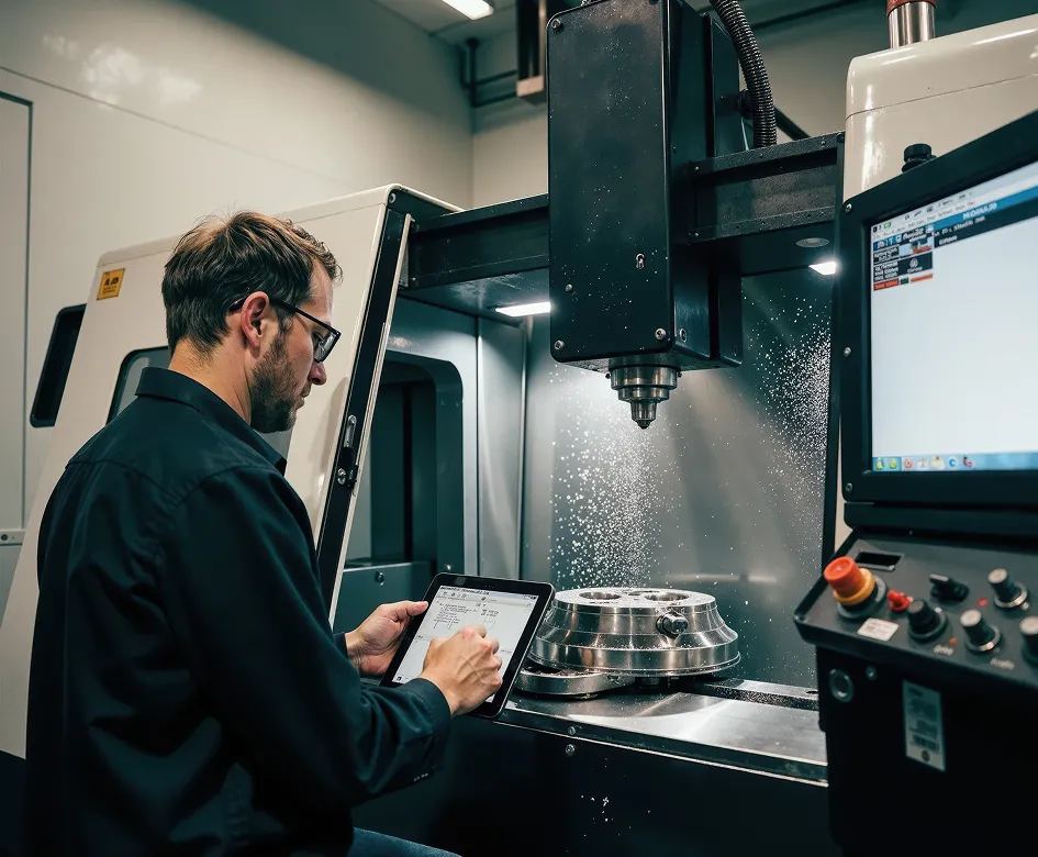 Man operating CNC machine inspecting metal part while holding a tablet in a factory setting.