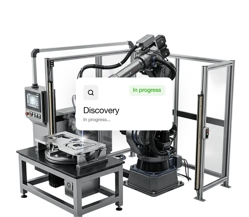 Industrial robotic arm operating on metal part with a progress status overlay labeled Discovery.