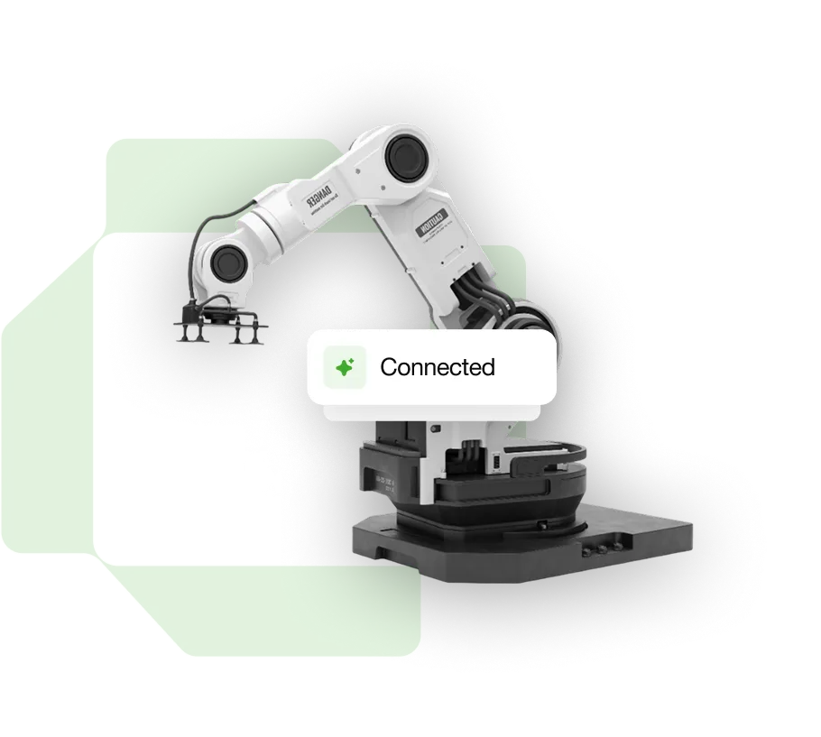 White robotic arm with a label reading 'Connected' against a green geometric background.