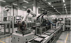 Robotic arms working on an automated assembly line inside a clean, organized factory.