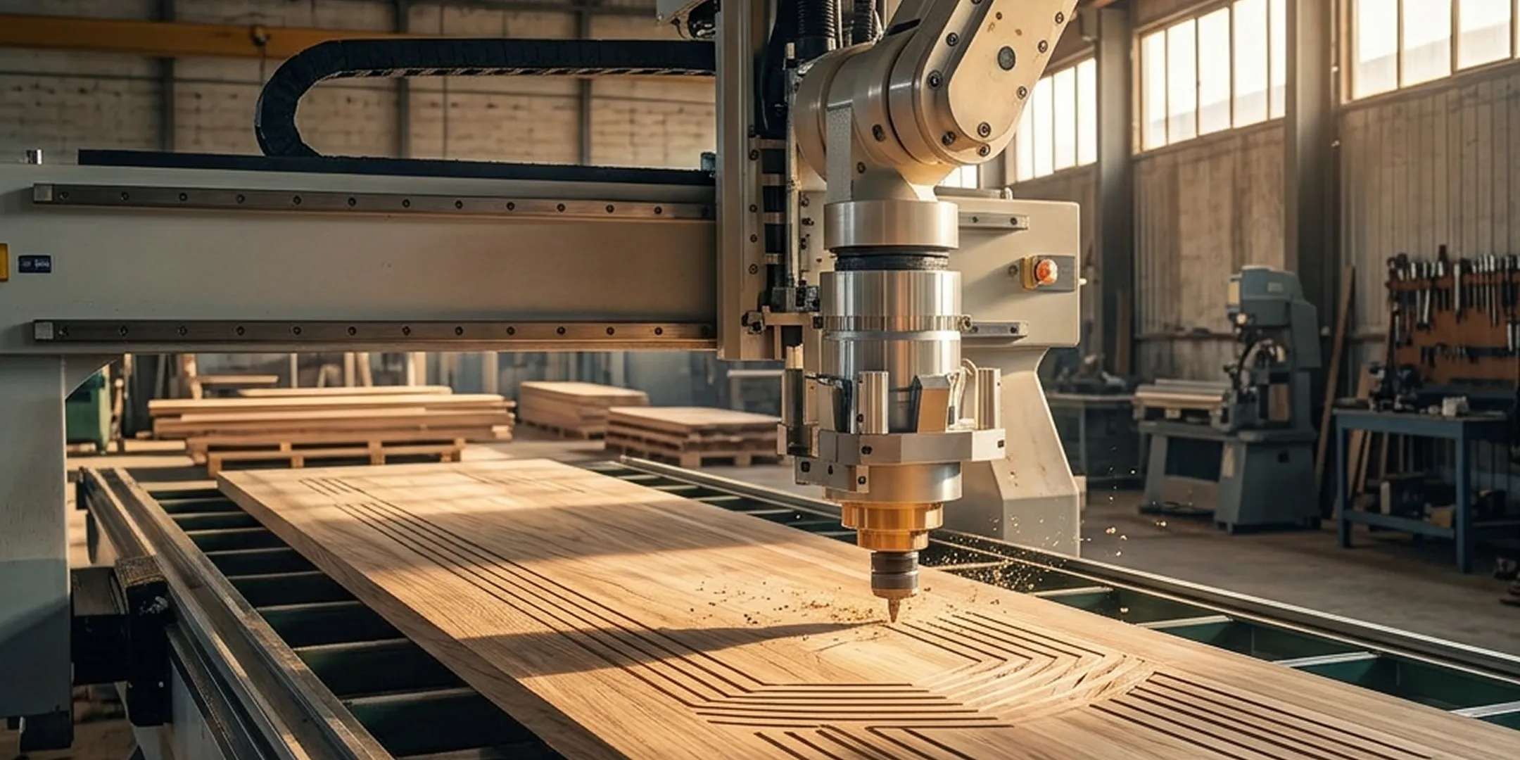 CNC machine cutting detailed patterns into a wooden board in a spacious workshop.