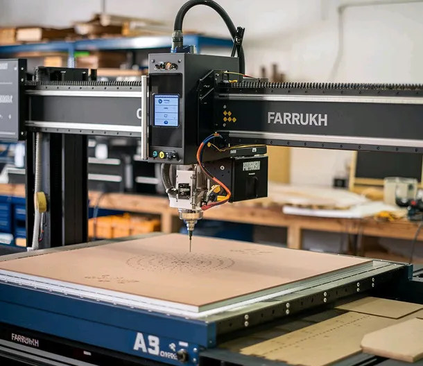 FARRUKH CNC machine cutting design patterns on a large wooden board in a workshop.