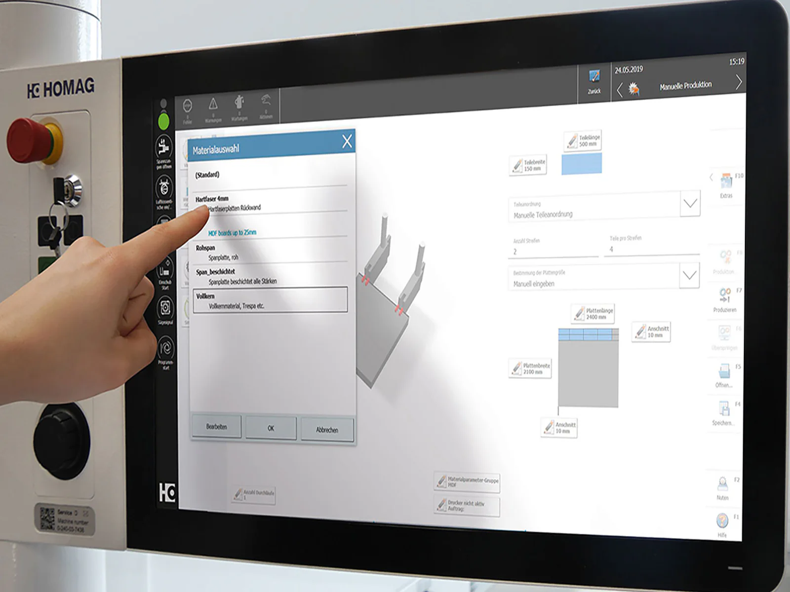 Hand pointing at material selection options on a HOMAG machine touchscreen interface.