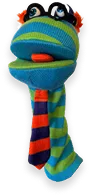 Colorful sock puppet with big eyes, red mouth, and striped blue, green, orange body.