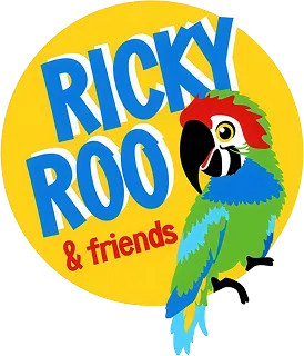 Colorful parrot next to bold text saying Ricky Roo & friends in blue and red on yellow circle.