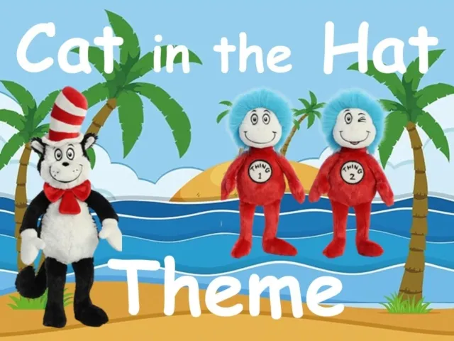 Cat in the Hat with Thing 1 and Thing 2 plush toys by a beach with palm trees and ocean waves.