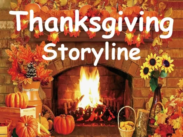 Cozy brick fireplace with autumn and Thanksgiving decorations around it, including pumpkins and leaves.