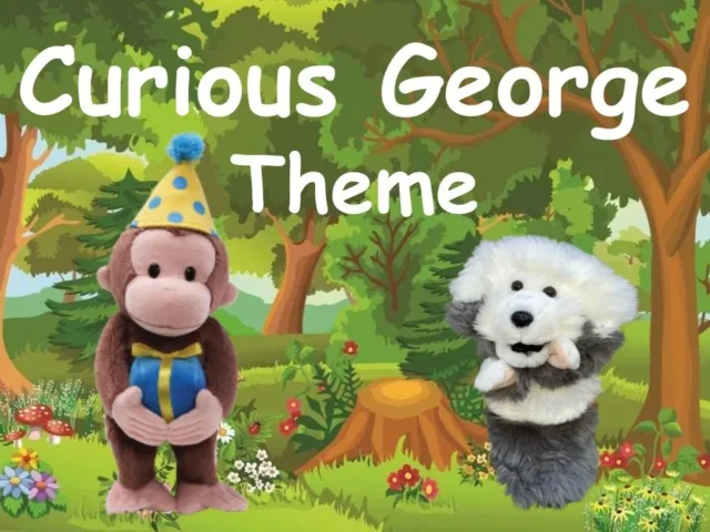 Curious George theme with a monkey in a party hat and a puppet dog in a colorful forest scene.