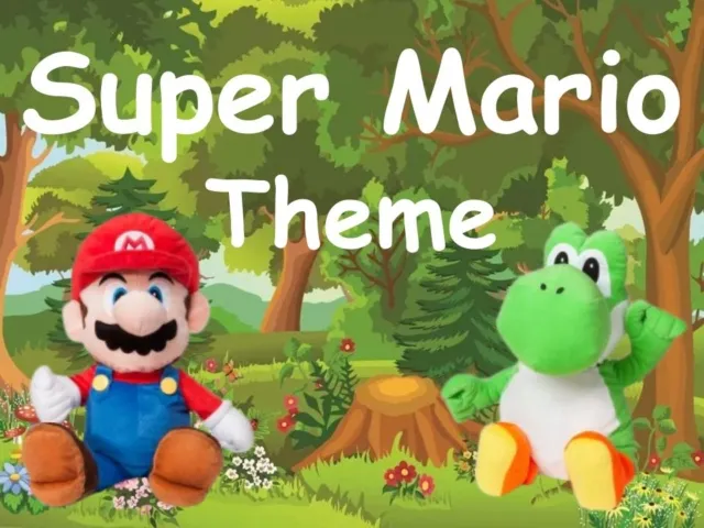 Mario and Yoshi plush toys sitting on grass with trees and flowers, text 'Super Mario Theme' above.