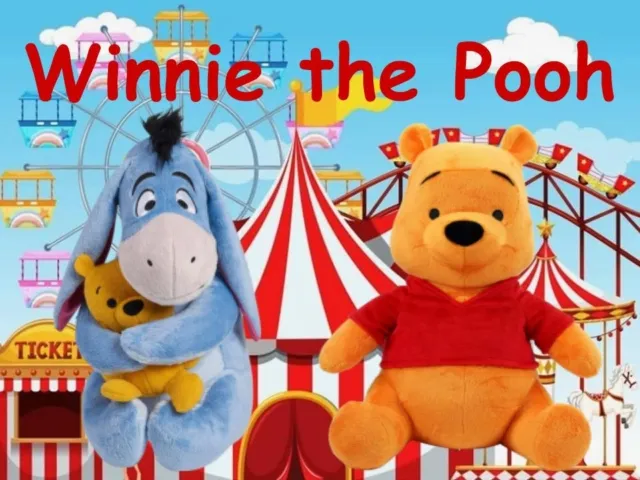 Winnie the Pooh and Eeyore plush toys in front of carnival rides and tents under a blue sky.