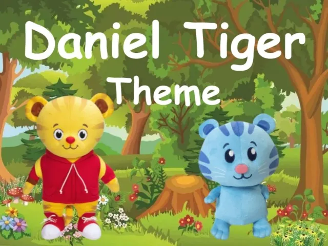 Two stuffed tiger toys in a forest background with text Daniel Tiger Theme.