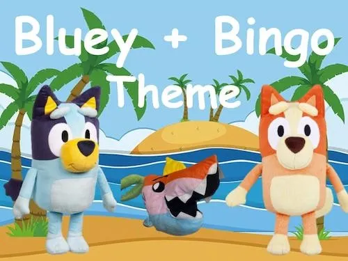 Plush toys of Bluey and Bingo characters on a beach with palm trees and ocean background.