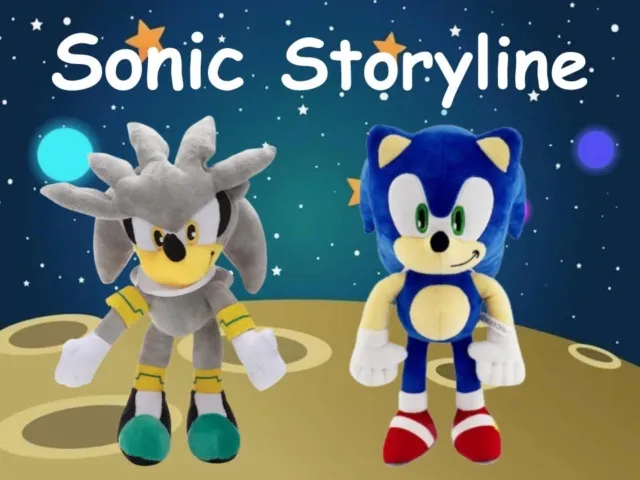 Silver and Sonic the Hedgehog plush toys on a moon surface with stars and text Sonic Storyline.