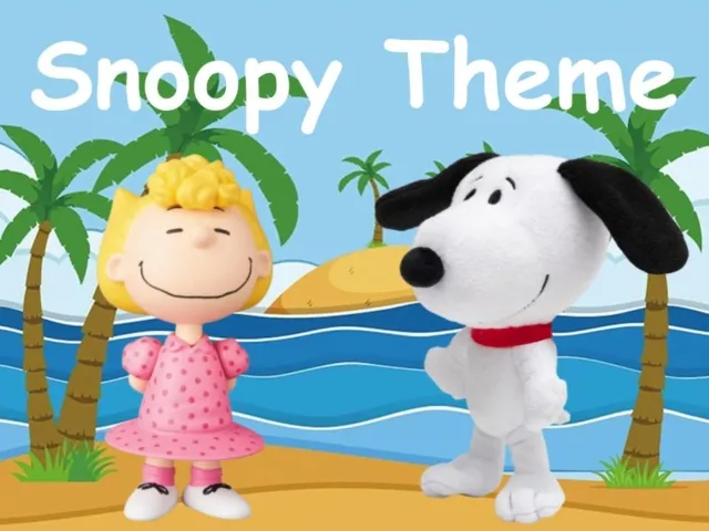 Snoopy and Sally standing on sandy beach with palm trees and ocean waves under blue sky.