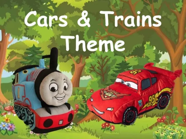 Cartoon-style red race car and blue train toy in a green forest with text 'Cars & Trains Theme'.