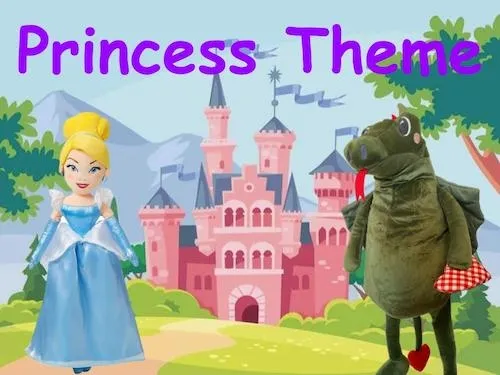 Princess theme with a princess doll in a blue dress and a green dragon toy in front of a pink castle.