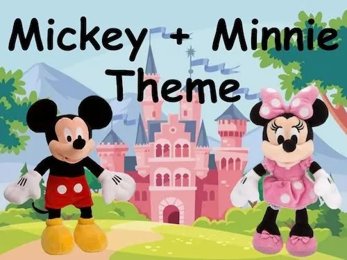 Mickey and Minnie Mouse standing in front of a pink castle with text 'Mickey + Minnie Theme'.