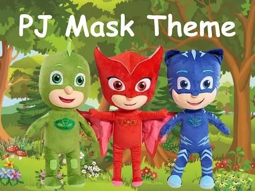 Three PJ Masks characters in green, red, and blue costumes standing in a forest setting.