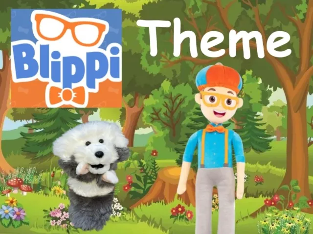 Blippi cartoon character and puppet dog in a colorful forest with text 'Theme' and Blippi logo.