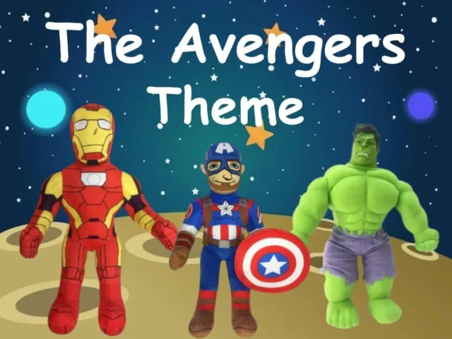 The Avengers theme with Iron Man, Captain America, and Hulk action figures on a starry background.