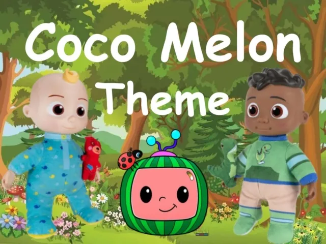 Two baby dolls in pajamas and cartoon watermelon character in a forest with text Coco Melon Theme.