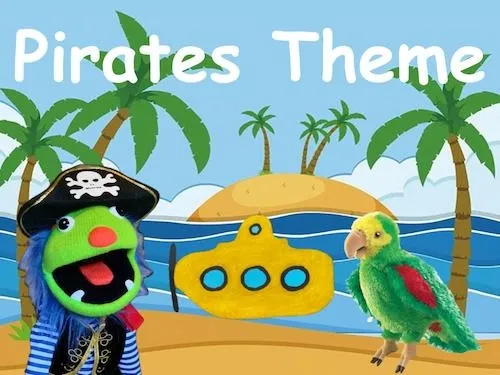 Green puppet pirate with hat and parrot in front of ocean and palm trees under Pirates Theme text.