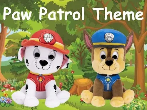 Two Paw Patrol plush toys, a Dalmatian firefighter and a German Shepherd police dog, with forest background.